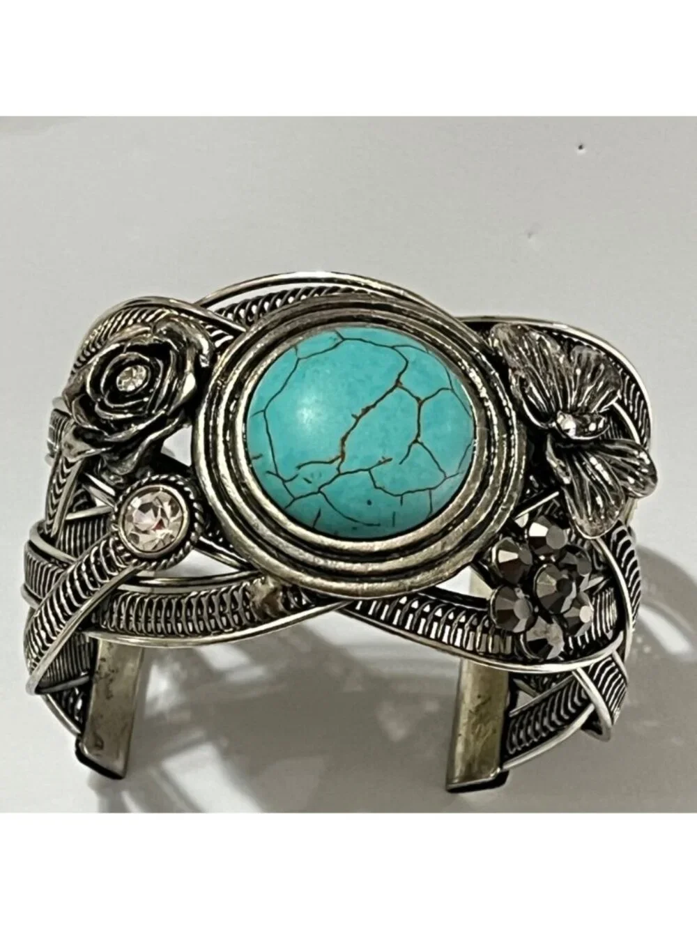 Vintage Silver Tone Cuff Bracelet With Turquoise Stone Floral & Butterfly - Picture 10 of 10